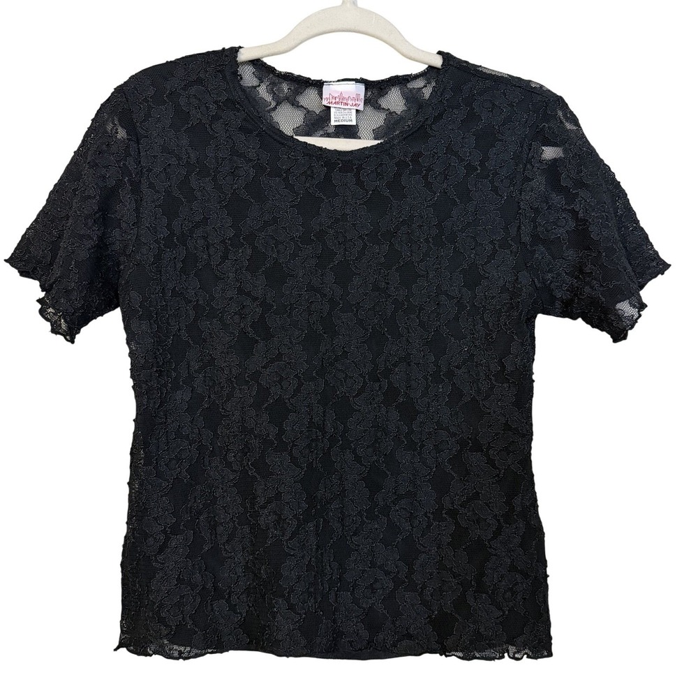 Vintage 90s Stretchy Black Floral Lace Sheer Top Sz M Whimsigoth Fairy Grunge